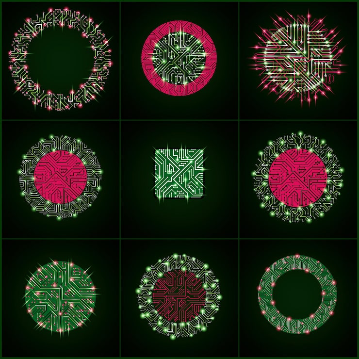 Vector set of vector technology cpu designs with square and circular luminescent microprocessor schemes. computer circuit boards with multidirectional arrows, digital elements with flash effect.