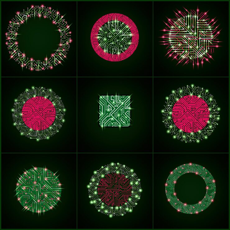 Vector set of vector technology cpu designs with square and circular luminescent microprocessor schemes. computer circuit boards with multidirectional arrows, digital elements with flash effect.