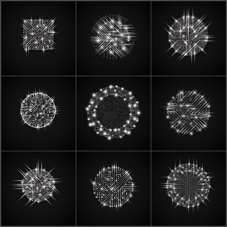 Vector 정사각형 및 원형 발광 마이크로프로세서 구성표가 있는 벡터 기술 cpu 디자인 세트. 다방향 화살표가 있는 컴퓨터 회로 기판, 플래시 효과가 있는 디지털 요소.