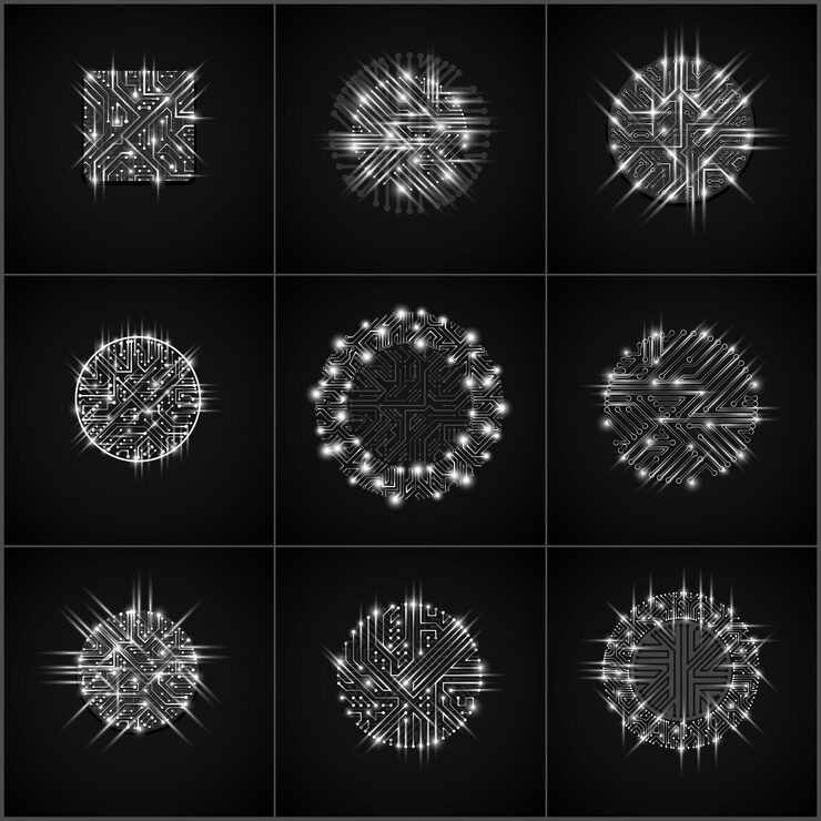 Vector 정사각형 및 원형 발광 마이크로프로세서 구성표가 있는 벡터 기술 cpu 디자인 세트. 다방향 화살표가 있는 컴퓨터 회로 기판, 플래시 효과가 있는 디지털 요소.