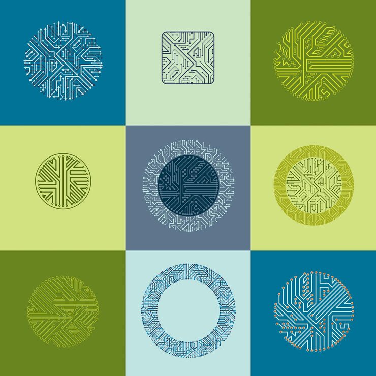 Vector set of vector technology cpu designs with square and circular microprocessor schemes. computer circuit boards with multidirectional arrows, digital elements.