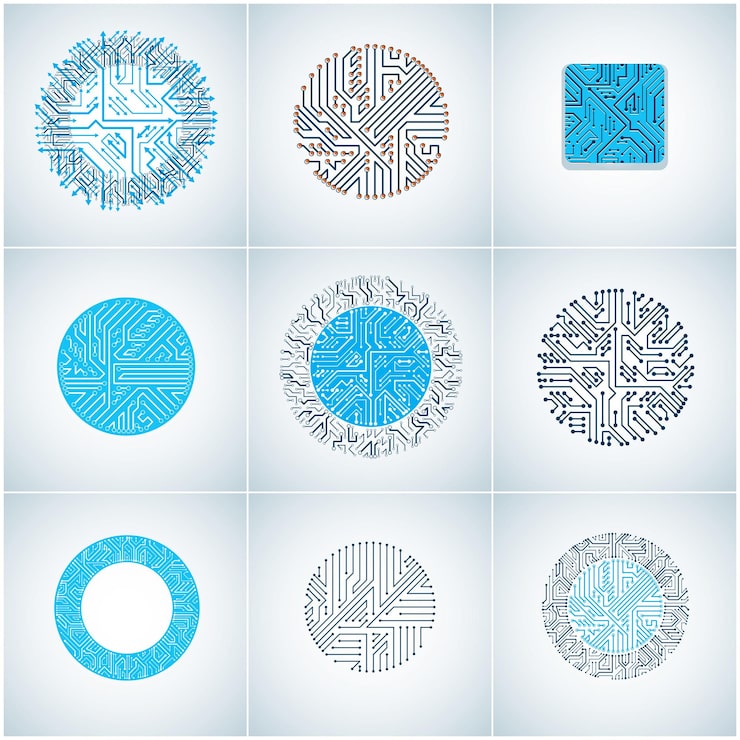 Vector set of vector technology cpu designs with square and circular microprocessor schemes. computer circuit boards with multidirectional arrows, digital elements.