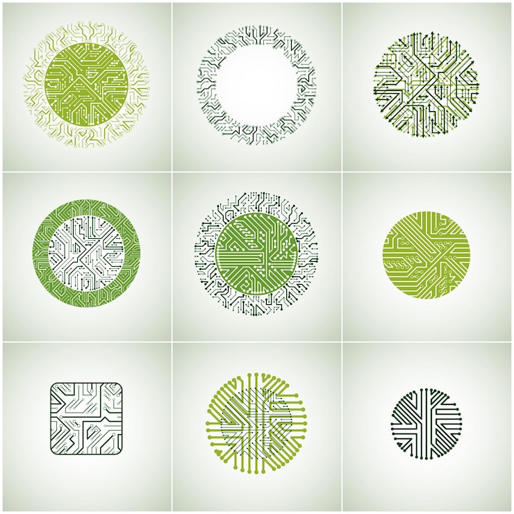 Vector set of vector technology cpu designs with square and circular microprocessor schemes. computer circuit boards with multidirectional arrows, digital elements.