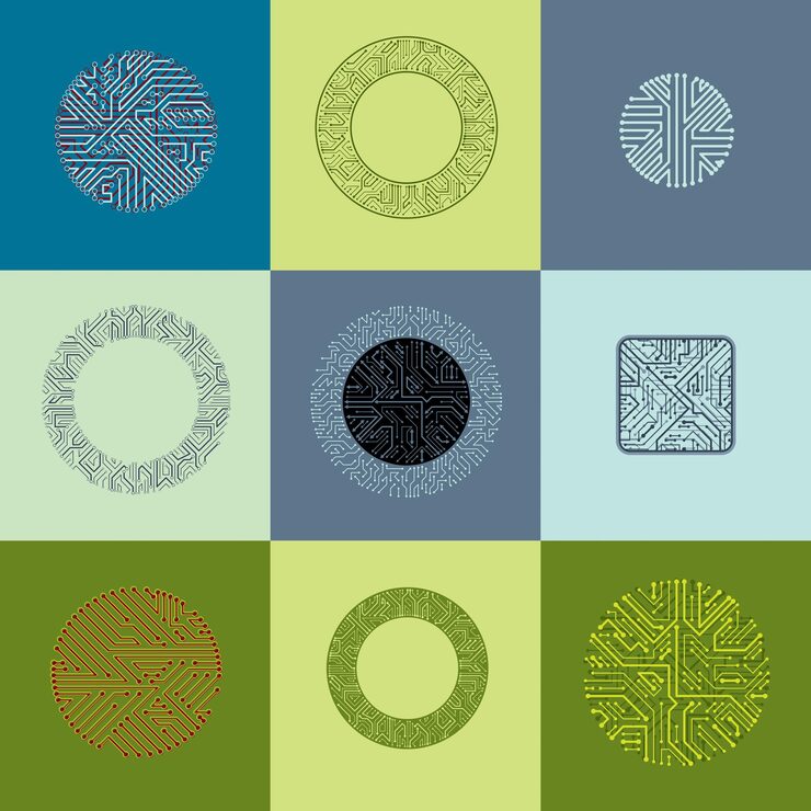 Vector set of vector technology cpu designs with square and circular microprocessor schemes. computer circuit boards with multidirectional arrows, digital elements.