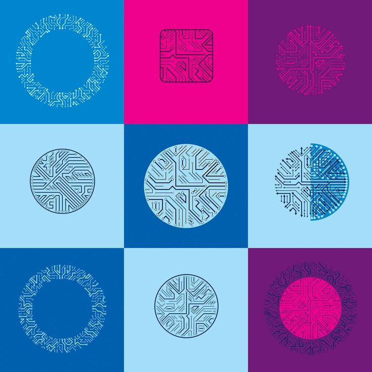 Vector 정사각형 및 원형 마이크로프로세서 구성표가 있는 벡터 기술 cpu 디자인 세트. 다방향 화살표, 디지털 요소가 있는 컴퓨터 회로 기판.