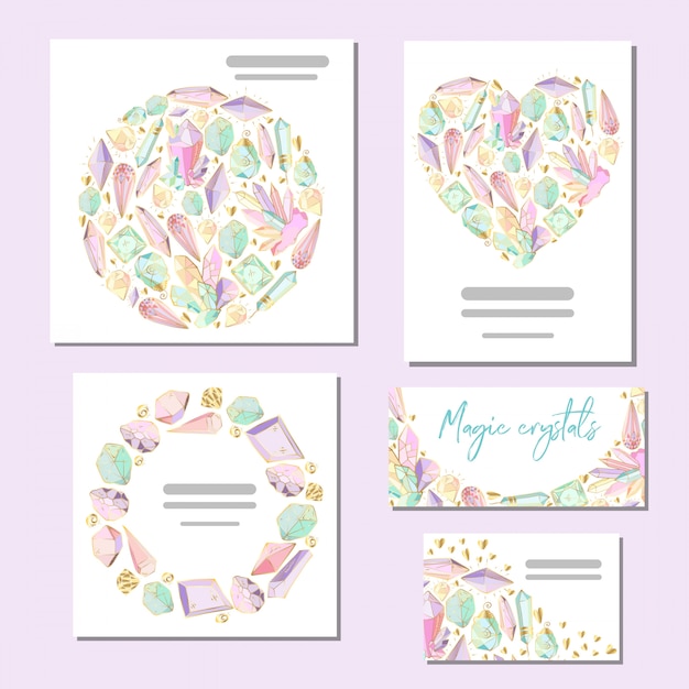 Set of vector templates cards with crystals and gems