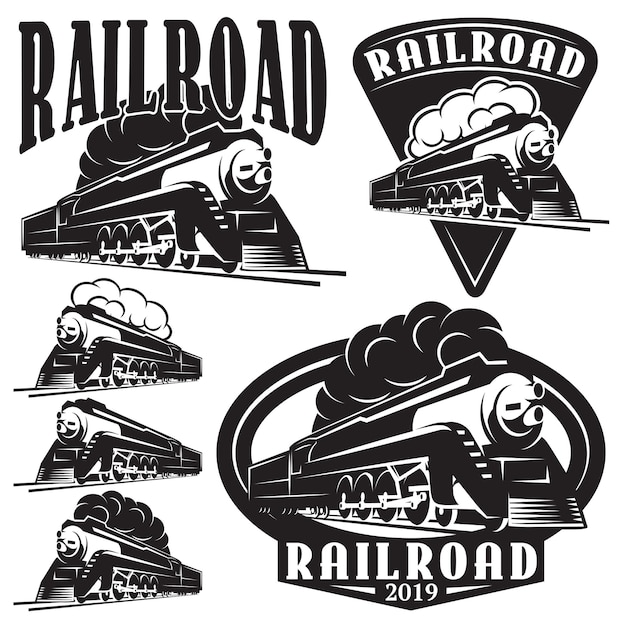 Set of vector templates with a locomotive vintage train