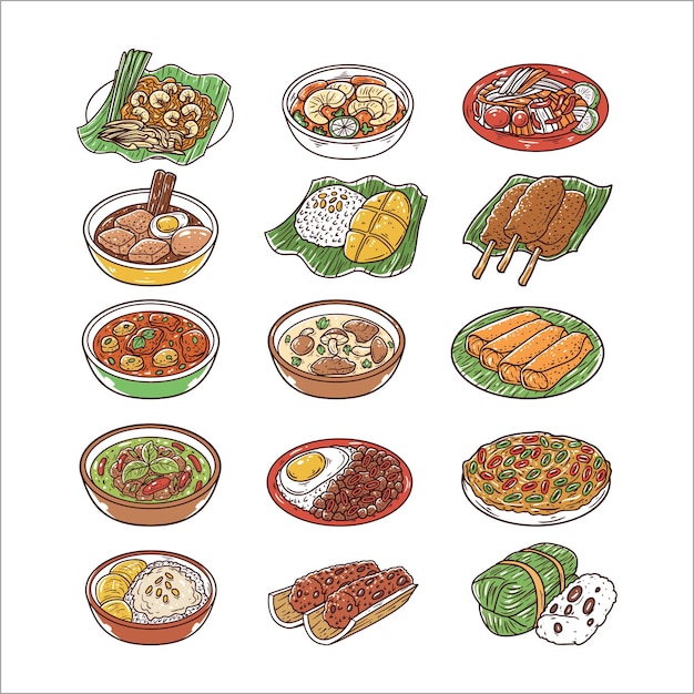 Set vector thai food hand drawn illustration