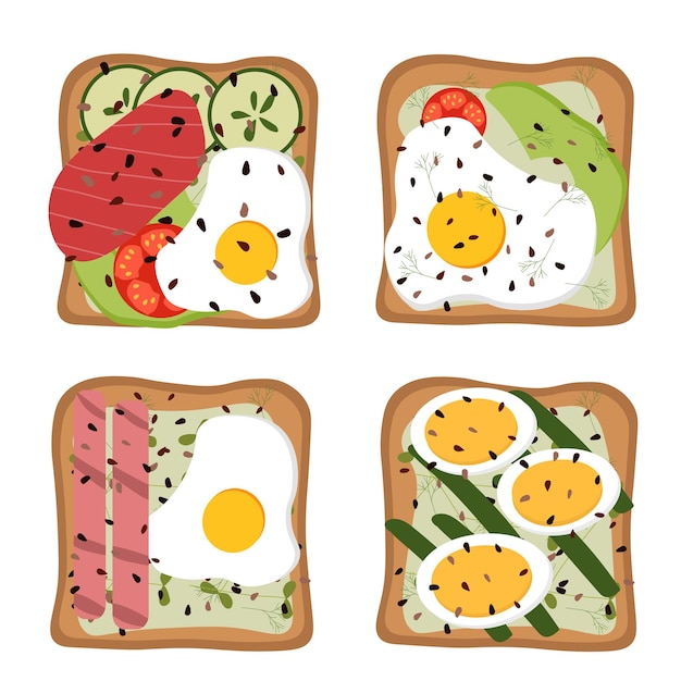 Vector set vector toasts en sandwiches sneetjes brood met ei avocado vis komkommer tomaten