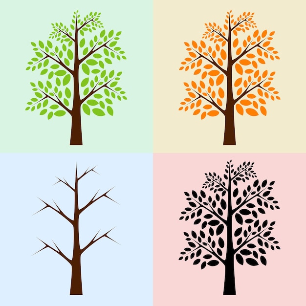 Set di alberi vettoriali per varie stagioni, primavera o estate, autunno, inverno e silhouette semplice, illustrazione vettoriale eps 10, senza trasparenza