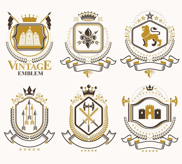 Set of vector vintage elements, heraldry labels stylized in retro design. Symbolic illustrations collection composed with medieval strongholds, monarch crowns, crosses and armory.