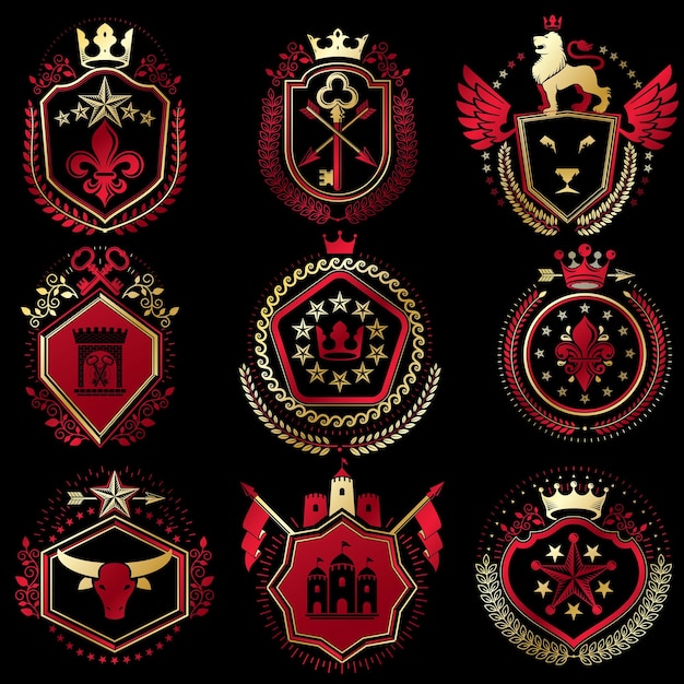 Set of vector vintage elements, heraldry labels stylized in retro design. Symbolic illustrations collection composed with medieval strongholds, monarch crowns, crosses and armory.