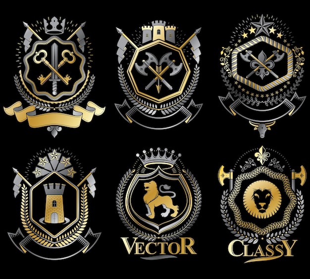 set of vector vintage elements, heraldry labels stylized in retro design. symbolic illustrations collection composed with medieval strongholds, monarch crowns, crosses and armory.