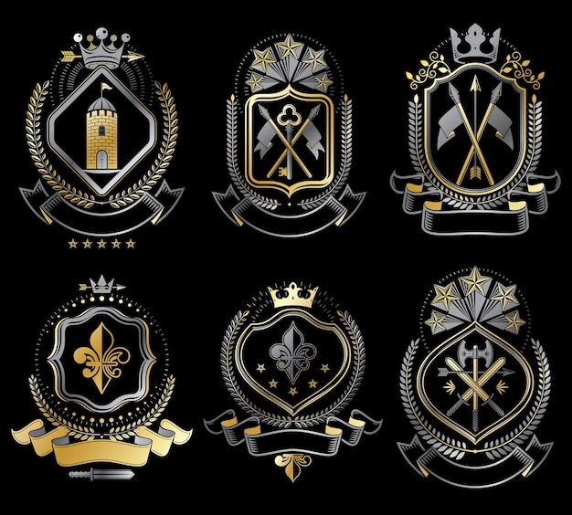 set of vector vintage elements, heraldry labels stylized in retro design. symbolic illustrations collection composed with medieval strongholds, monarch crowns, crosses and armory.