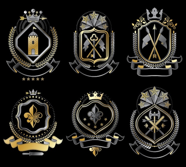 Vector set of vector vintage elements, heraldry labels stylized in retro design. symbolic illustrations collection composed with medieval strongholds, monarch crowns, crosses and armory.