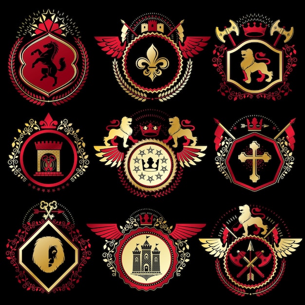 Vettore set di elementi vettoriali vintage, etichette araldica stilizzate in design retrò. raccolta di illustrazioni simboliche composta da roccaforti medievali, corone monarcane, croci e armeria.