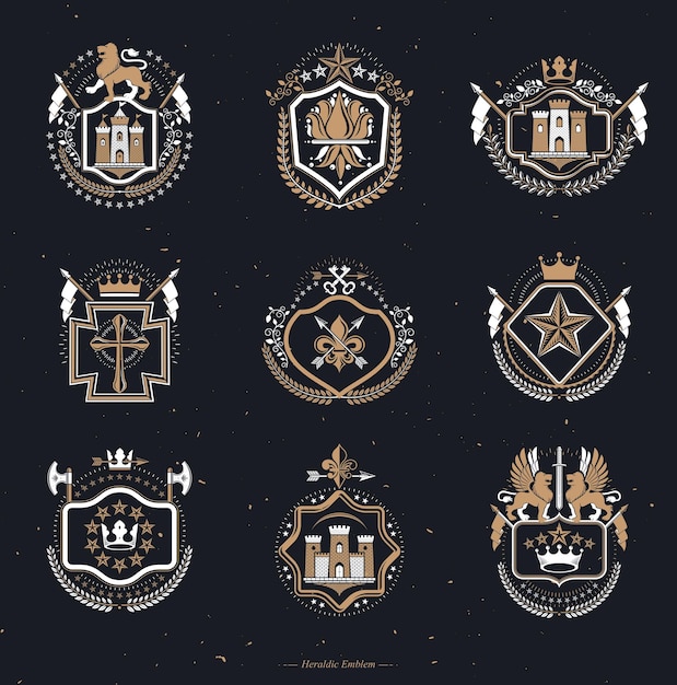 set of vector vintage elements heraldry labels stylized in retro design symbolic illustrations collection composed with medieval strongholds monarch crowns crosses and armory