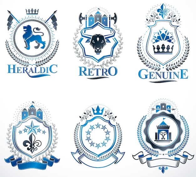 Vector set vector vintage emblemen gemaakt met decoratieve elementen zoals kronen, sterren, kruisen, arsenaal en dieren. collectie van heraldische wapenschild.