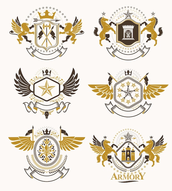 Set vector vintage emblemen gemaakt met decoratieve elementen zoals kronen, sterren, vogelvleugels, arsenaal en dieren. Collectie van heraldische wapenschild.