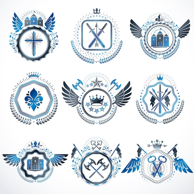 Set of vector vintage emblems created with decorative elements like crowns, stars, bird wings, armory and animals.  Collection of heraldic coat of arms.