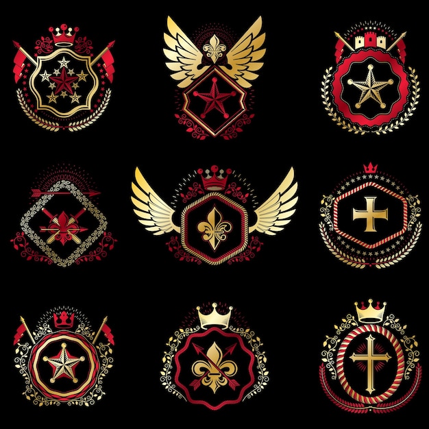 Набор векторных винтажных эмблем, созданных с помощью декоративных элементов, таких как короны, звезды, птичьи крылья, доспехи и животные. Коллекция геральдических гербов.