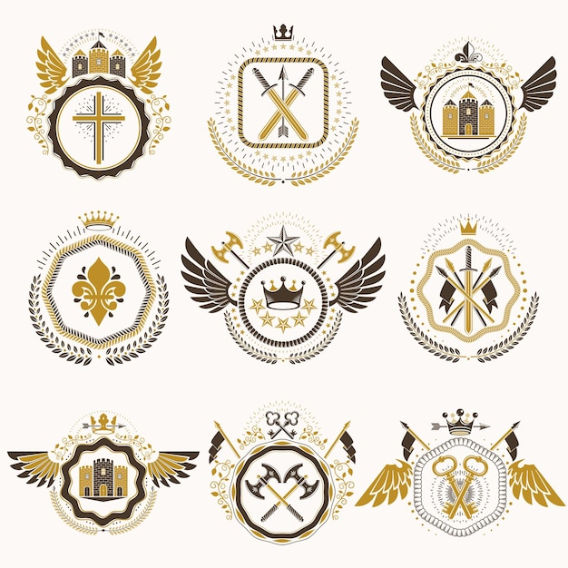 Set of vector vintage emblems created with decorative elements like crowns, stars, bird wings, armory and animals.  collection of heraldic coat of arms.