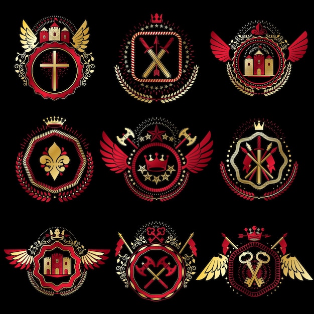 Set of vector vintage emblems created with decorative elements like crowns, stars, bird wings, armory and animals.  Collection of heraldic coat of arms.