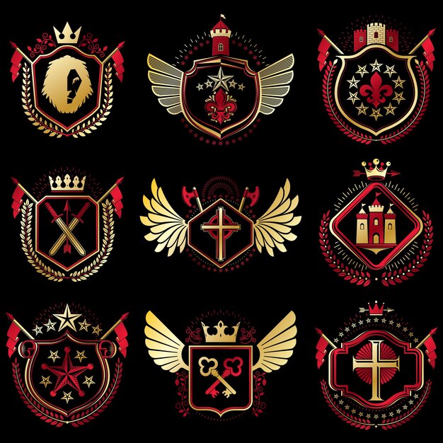 Set of vector vintage emblems created with decorative elements like crowns, stars, bird wings, armory and animals.  Collection of heraldic coat of arms.