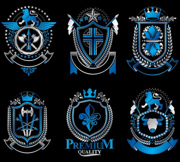 Set of vector vintage emblems created with decorative elements like crowns, stars, crosses, armory and animals.  Collection of heraldic coat of arms.