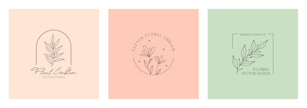 Vector set vector vrouwelijke bloemenemblemenelegante logo-ontwerpen met lineaire bloementakken en framemoderne botanische badges in trendy minimalistische stijlbranding boho ontwerpsjablonen