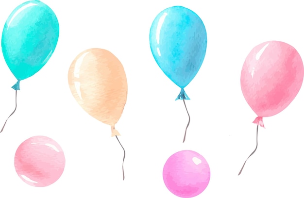 Set of vector watercolor birthday balloon in pastel colors