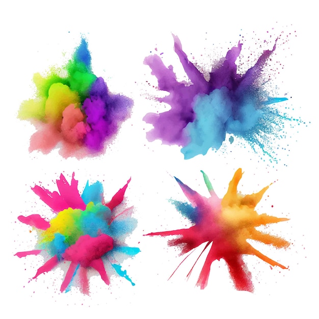 Set vector watercolor illustration of holi dust splash on white isolate indian traditional fest