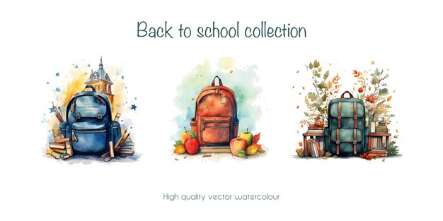 Set of vector watercolour school backpack with school supplies