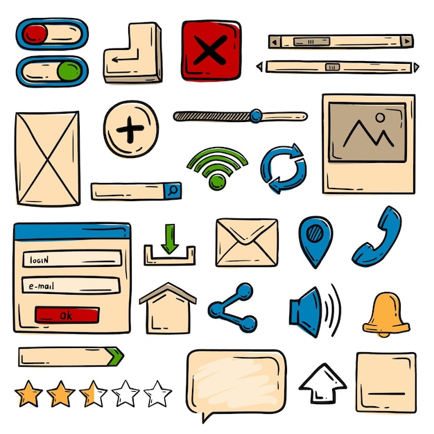 Vettore set di elementi di web design vettoriale per un sito web icone oggetti e simboli disegnati a mano in sloppy doo