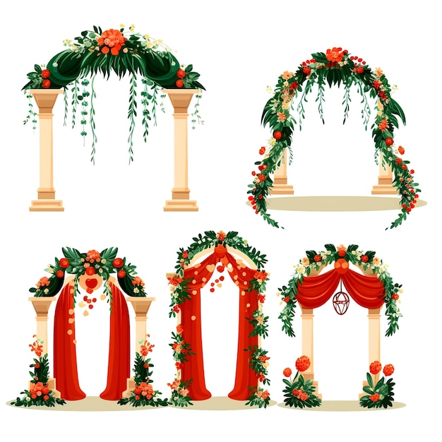 set of vector wedding altars for the marriage ceremony decorated with flowers