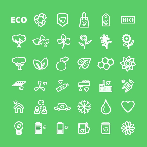 Set of vector White Eco Icons on green in flat thin line style Ecology Nature Energy Environment and Recycle Icons