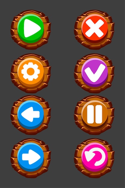 Set of vector wooden buttons for the game. round isolated icons or signs.