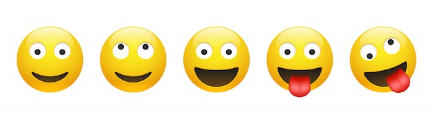 Vettore insieme dell'emoticon sorridente, sognante, pazzo, pazzo di vettore giallo con gli occhi aperti su bianco