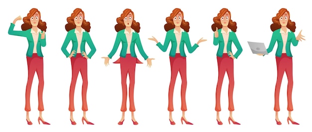 Set vector of young woman with various emotion in cartoon character