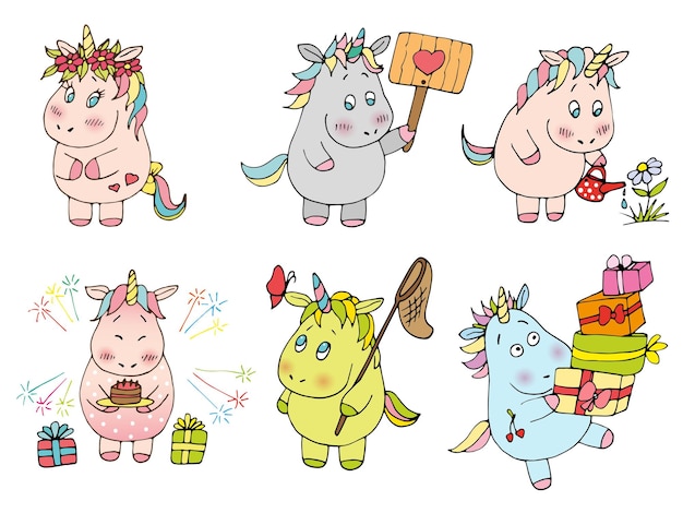 set vectorillustratie van eenhoorn, sticker pack