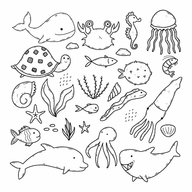 Set vectorillustraties met zeedieren Collectie doodle tekeningen Kleurboek voor kinderen World Ocean Day Design briefkaart