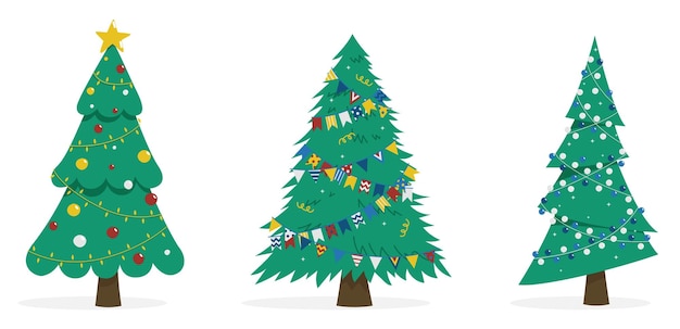 Set vectorillustraties van kerstbomen Drie afbeeldingen van sparren in verschillende stijlen