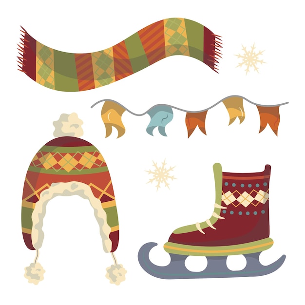 ベクトルのセット クリスマス 新年 スカーフ 飾り スケート 帽子