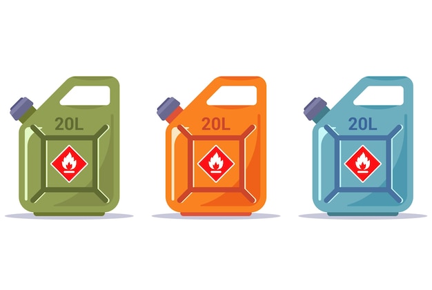 Set veelkleurige jerrycans voor het vervoer van benzine. platte vectorillustratie.