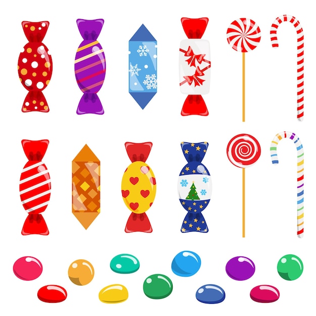 Vector set veelkleurige snoepjes, lolly's en snoep