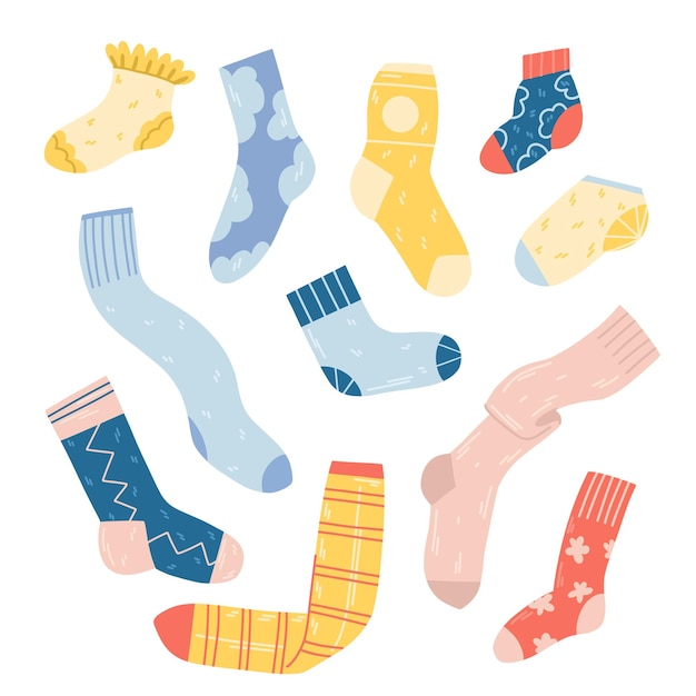 Set veelkleurige sokken en kousen op een witte achtergrond Sokken voor volwassenen en kinderen