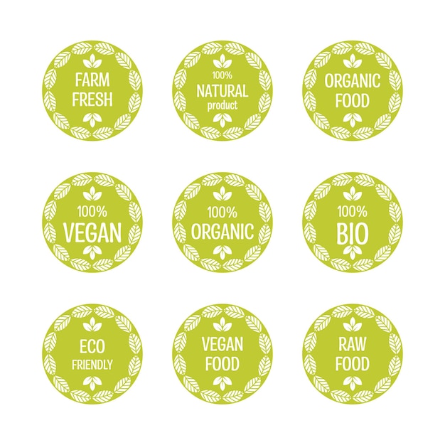 A set of vegan eco bio organic healthy 100 percent natural products stickers Organic food