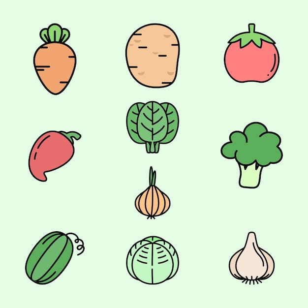 Set of Vegetable Cute Flat Line Illustration