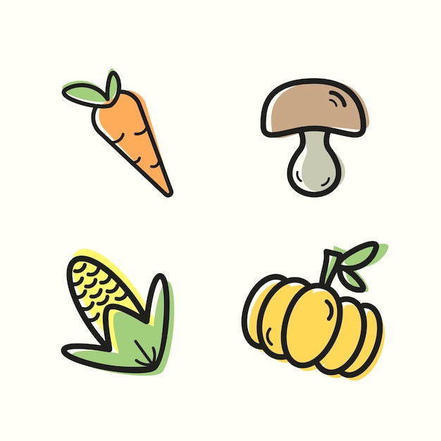 Set di icone vegetali (carote, funghi, mais, zucca)