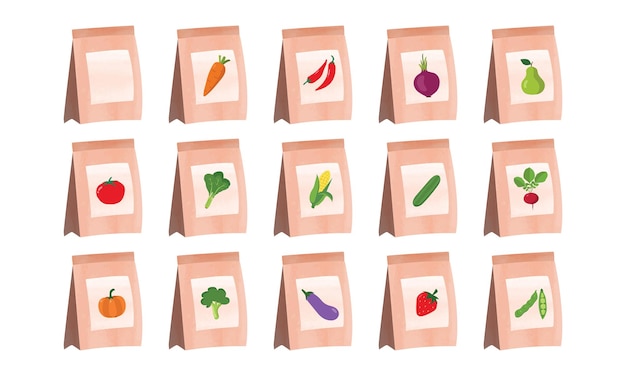 Set of vegetable seeds packages watercolor vector. Packs of plant seeds clipart cartoon style